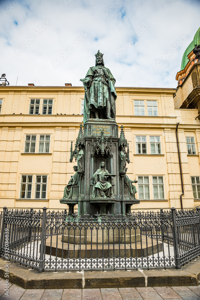 Prague, Czech republic - March 19, 2020. Statue of Charles IV - Karel IV - at Krizovnicke namesti by Charles bridge 