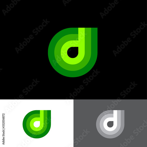 D letter. D monogram like green drop. Abstract monogram. Ecology  icon. Monochrome option.