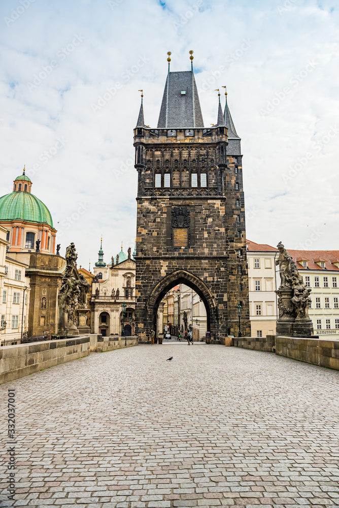 Prague, Czech republic - March 19, 2020. Charles Bridge without tourist during Covid-19 travel ban