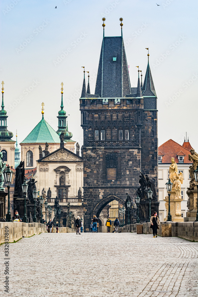 Prague, Czech republic - March 19, 2020. Charles Bridge without tourist during Covid-19 travel ban