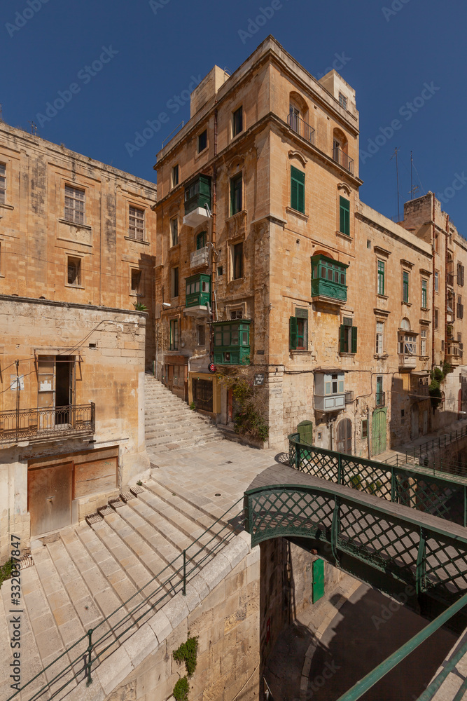 Stairs and cityscape of Valletta, Malta