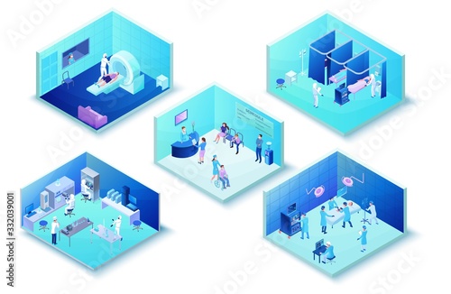 Medical clinic infographics of hospital with 2019-nCoV Coronavirus patients in hall, laboratory, surgery, mri scanning, healthcare 3d isometric illustration with doctor in medical face mask