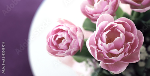 Pink Tulips on a little table with a lilac background  backdrop. Colorful interior during Spring.