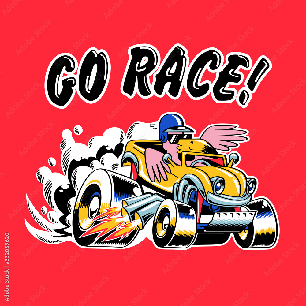 Go Race. Image showing a flamingo riding a hotrod. Vector graphics. Go Race. Image showing a flamingo riding a hotrod. Vector graphics.
