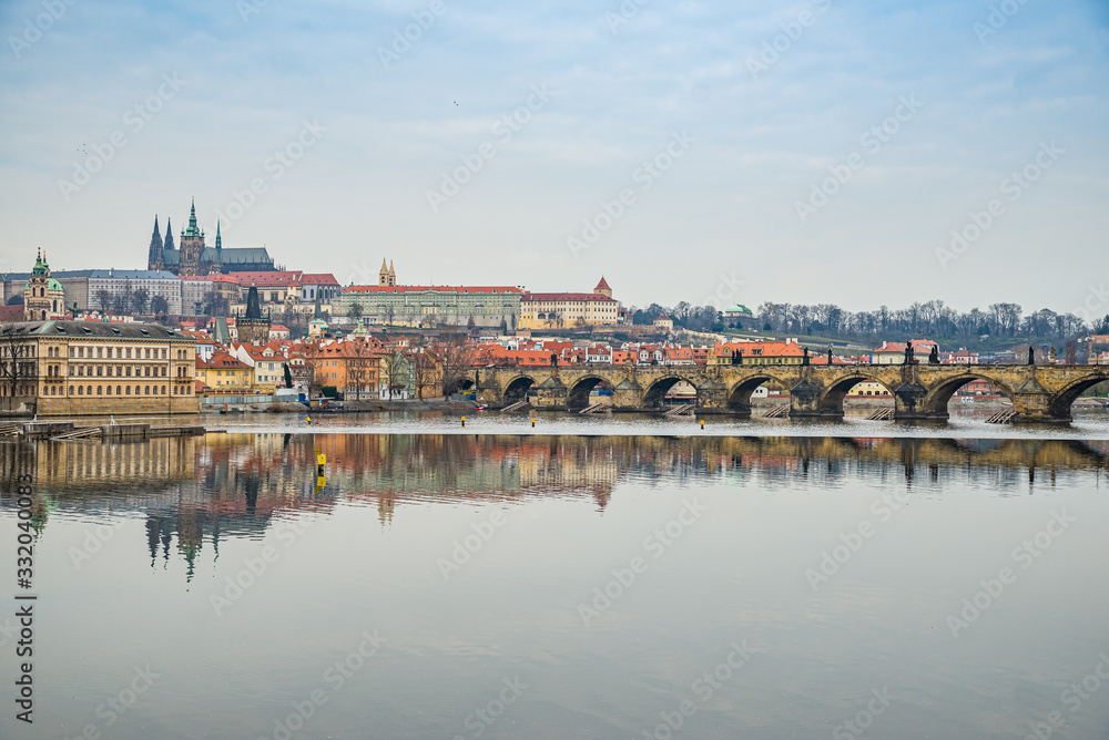 Prague, Czech republic - March 19, 2020. View on Prague Castle without tourists on street during coronavirus crisis 