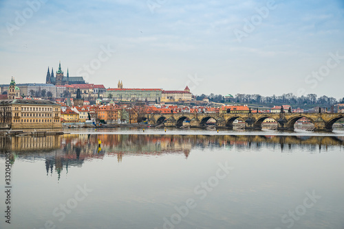 Prague, Czech republic - March 19, 2020. View on Prague Castle without tourists on street during coronavirus crisis 