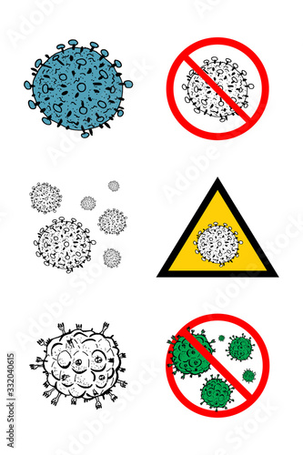 Set of 6 2019-nCoV bacteria isolated on white background. few Coronavirus in red circle vector Icon. COVID-19 bacteria corona virus disease sign. SARS pandemic concept symbol. Pandemic. Human health .