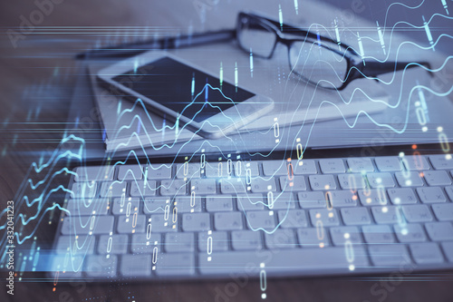 Double exposure of forex chart drawing and cell phone background. Concept of financial trading