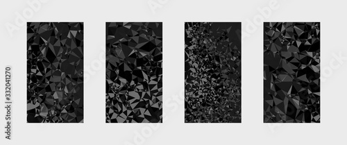 Vivid black graphic cover layout. Set of 4 designs. Low poly crystal texture patterns
