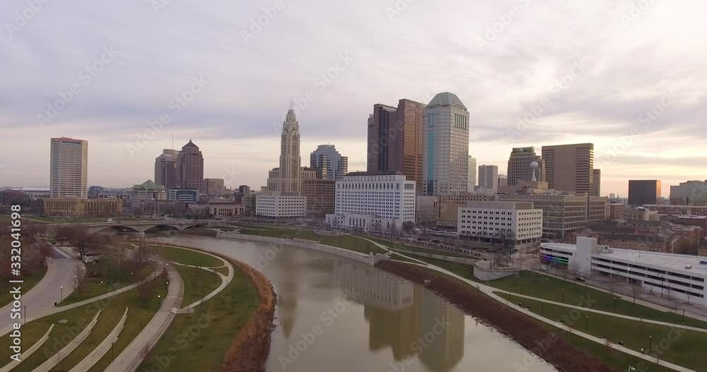 wide drone shot downtown Columbus Ohio skyline wide drone shot downtown Columbus Ohio skyline