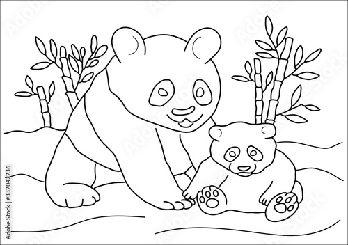 Coloring book panda mother and daughter play in the zoo