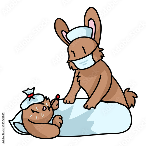 Corona virus sars cov 2 cute nurse bunny taking care of sick patient. Vector Covid 19 infographic for kids with cute rabbit. Educational graphic picture of virus. Friendly icon for children. 
