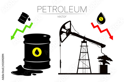 Vector set of 3 sign oil and derrick rig. Black symbol petroleum, dollar money, solated on white background. global financial crisis. Barrel silhouette and spot liguid. Industry of exploration,