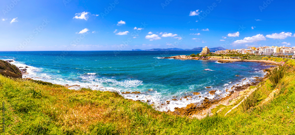 Scenic panoramic view of Mediterranean seacoast in Alghero city, Sardinia island, Italy