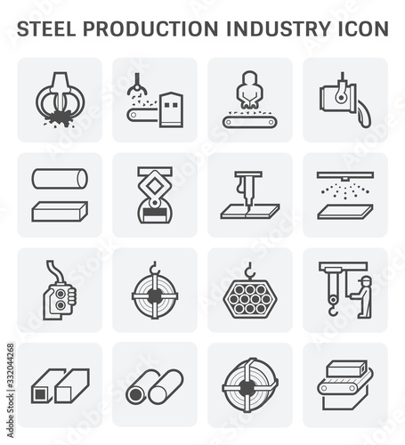 Steel production industry, manufacturing vector icon consist of worker, machine equipment and production line. Include process to casting product of steel, aluminum, iron or stainless i.e. pipe, roll.