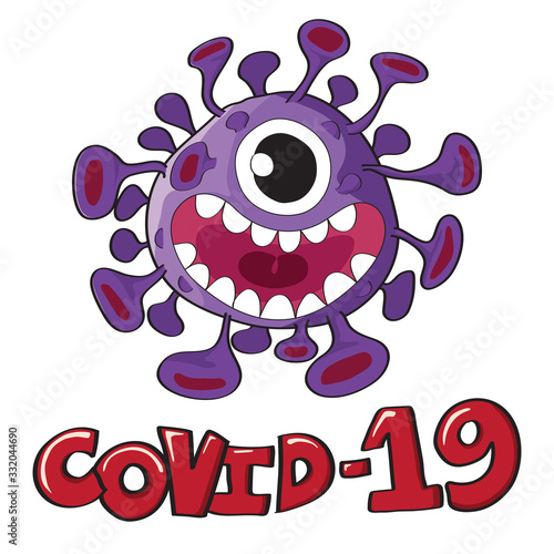 Cartoon vector Covid-19 (Coronavirus) isolated with text COVID-19 on white background. Freehand style.