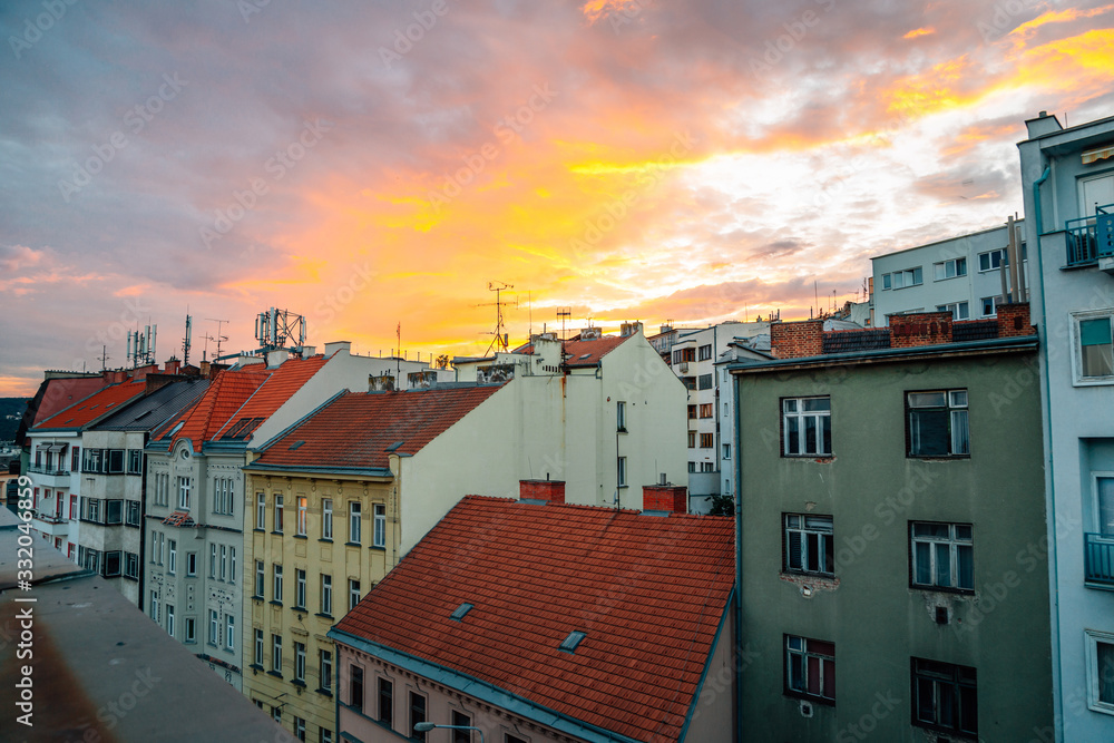 Old town residential buildings with sunset sky in Brno, Czech Republic Old town residential buildings with sunset sky in Brno, Czech Republic