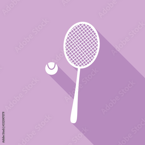 Tennis racquet with ball sign. White Icon with long shadow at purple background. Illustration.