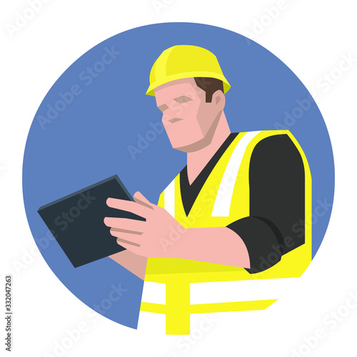 Construction worker, engineer working on tablet