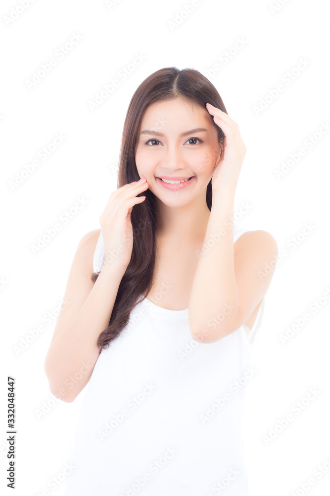 Portrait of beautiful woman asian makeup of cosmetic, girl hand touch cheek and smile attractive, face of beauty perfect with wellness isolated on white background with skin healthcare concept. Portrait of beautiful woman asian makeup of cosmetic, girl hand touch cheek and smile attractive, face of beauty perfect with wellness isolated on white background with skin healthcare concept.