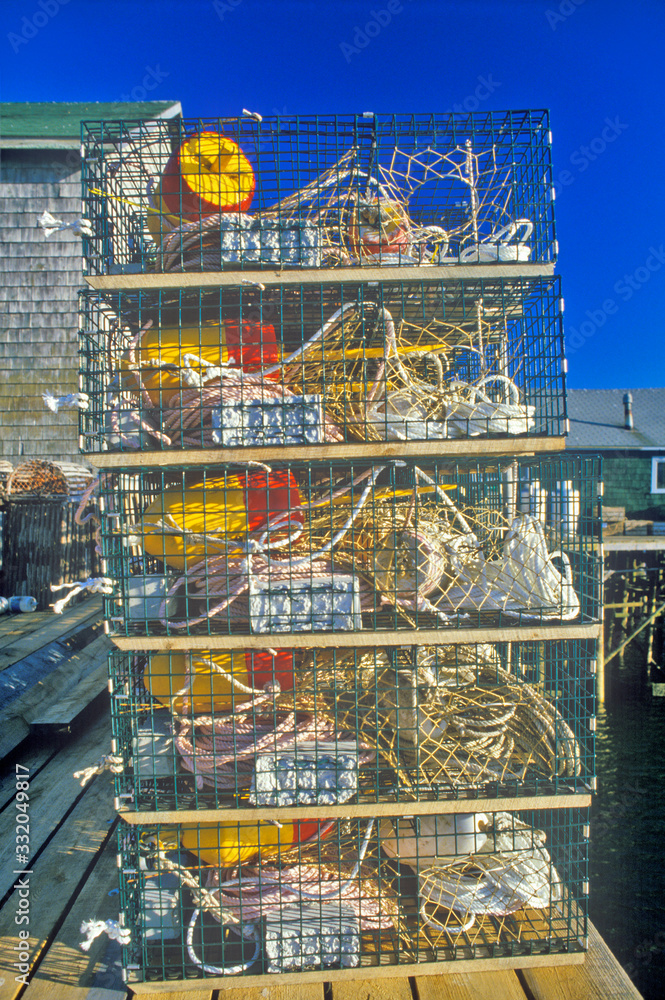 Stacks of lobster traps, Muscongus Bay in New Harbor, ME