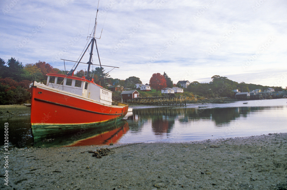 View of boat in harbor in Lobster Village, ME, Mount Desert Island