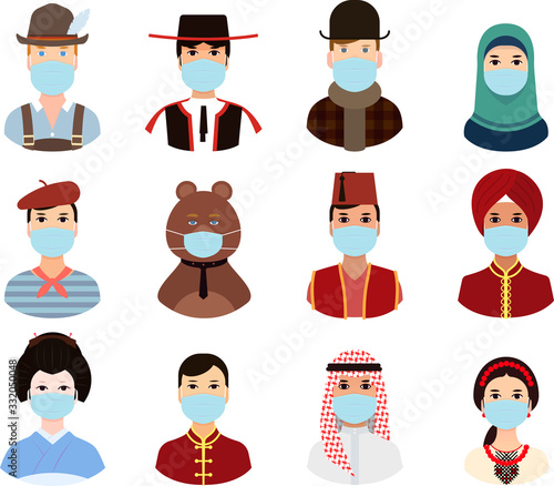 People around the world countries in national clothes put on a masks - poster, quarantine, coronavirus. Illustrations concept coronavirus COVID-19. virus wuhan from china. Vector illustrate.