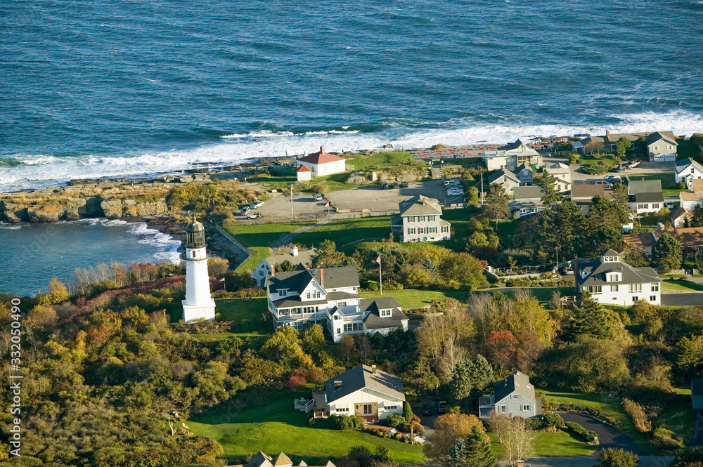 Aerial view of Two Lights Lighthouse on the oceanfront in Cape Elizabeth, Maine coastline south of Portland