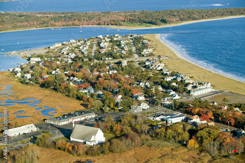 Aerial view of Pine Point Beach located in Scarborough, Maine, outside of Portland
