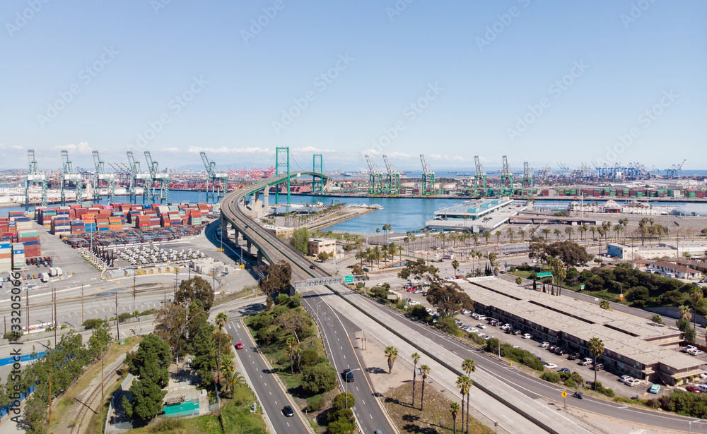 Very light traffic on Vincent Thomas Bridge in San Pedro, CA.  Drone view on March 20, 2020