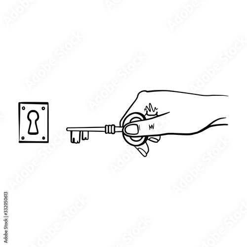 Human Hand Holding Keys. Black and White Vector Illustration Graphic.