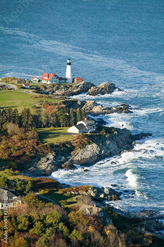 Fototapeta Naklejka Na Ścianę i Meble -  Aerial view of Portland Head Lighthouse, Cape Elizabeth, Maine