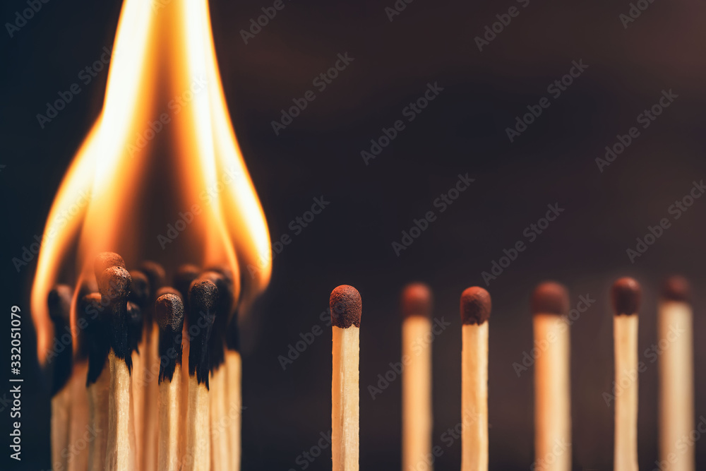 Preventing the spread of viruses, infectious diseases or fire. Safe distance, stopping the domino effect of the spread of coronavirus, copy space Preventing the spread of viruses, infectious diseases or fire. Safe distance, stopping the domino effect of the spread of coronavirus, copy space