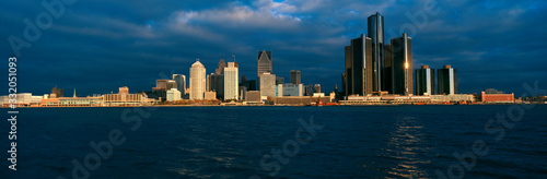 Panoramic sunrise view of Renaissance Center, Detroit, MI