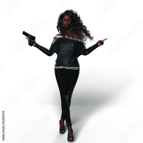 Black Woman with Handgun (Transparent with Shadows)