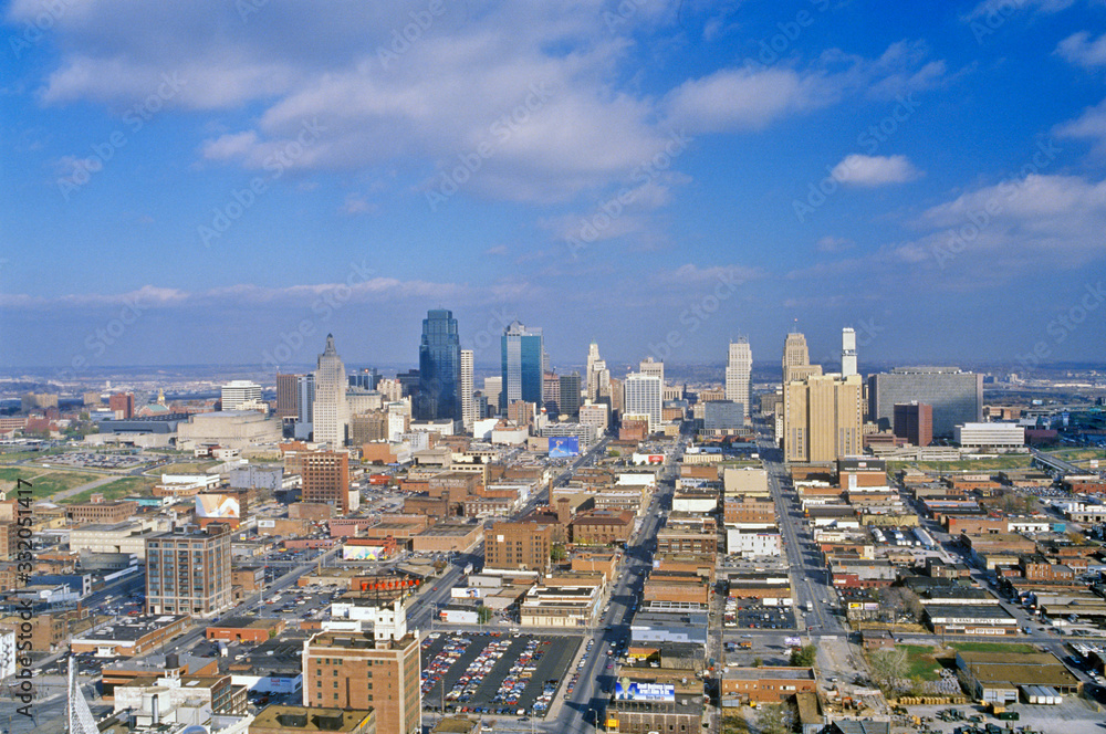 Aerial of Kansas City skyline, MO