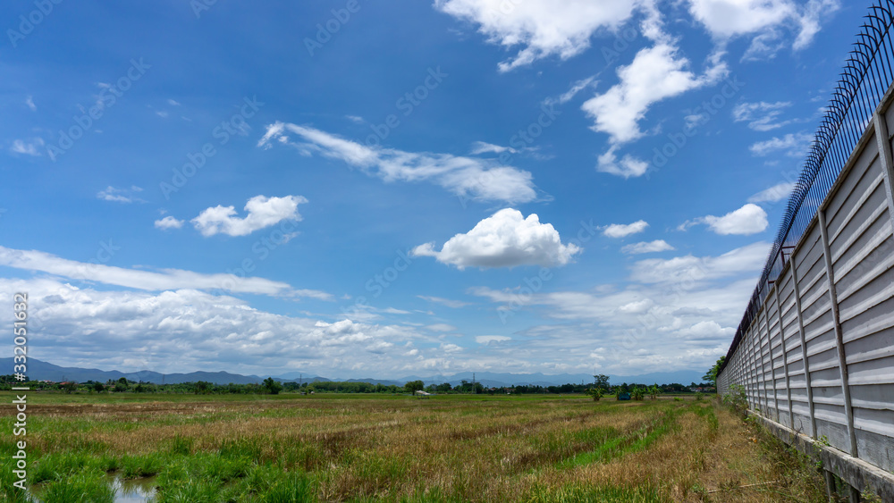 A wide farmer agriculture land of rice plantation farm after harvest season, under beautiful white fluffy cloud formation on vivid blue sky in a sunny day, countryside of Thailand A wide farmer agriculture land of rice plantation farm after harvest season, under beautiful white fluffy cloud formation on vivid blue sky in a sunny day, countryside of Thailand