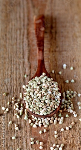 green buckwheat in a wooden spoon on a wooden background. rustic style organic. super food. healthy groats