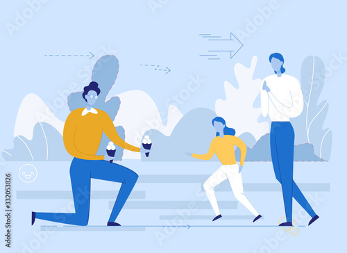 Young Father Giving Ice-Cream to Little Daughter and Adult Son Illustration. Happy Family Day. Cartoon Dad Spend Time with Children. Gay Parents with Kid on Walk. Flat Vector Design. People Characters