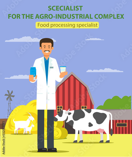 Food Processing Specialist. Specialist for Argo-Industrial Complex. Man in White Coat on Background Animals and Farm. Smiling Spesialist. Vector Illustration. Explore Workflow. Recruitment Agency.