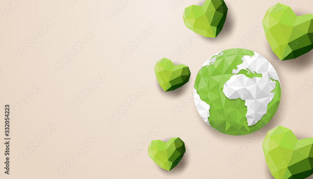 Happy earth day. Ecology concept. Design with globe map and heart on light brown background. paper art style. Vector. Happy earth day. Ecology concept. Design with globe map and heart on light brown background. paper art style. Vector.