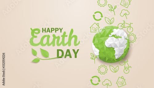 Happy earth day. Ecology concept. Design with globe map drawing and leaves on light brown background. vector. illustration.