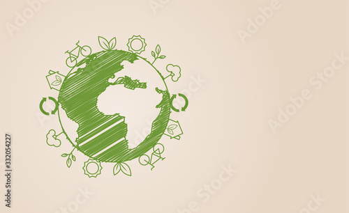 Happy earth day. Ecology concept. Design with globe map drawing and leaves on light brown background. vector. illustration.