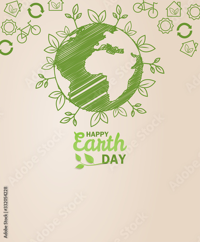 Happy earth day. Ecology concept. Design with globe map drawing and leaves on light brown background. vector. illustration.