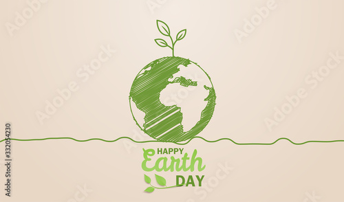 Happy earth day. Ecology concept. Design with globe map drawing and leaves on light brown background. vector. illustration.