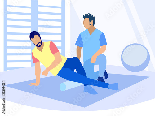Male Patient Training with Gymnastics Roller under Doctor Control Cartoon. Gym Room in Rehabilitation Center. Problem with Legs, Foot, Back. Medical Recovery, Physiotherapy. Vector Flat Illustration