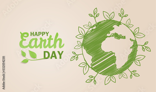 Happy earth day. Ecology concept. Design with globe map drawing and leaves on light brown background. vector. illustration. photo