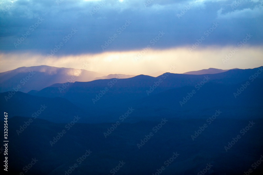 Aerial view and sunset over the White Mountains and Lake Winnipasaukee, New Hampshire, New England