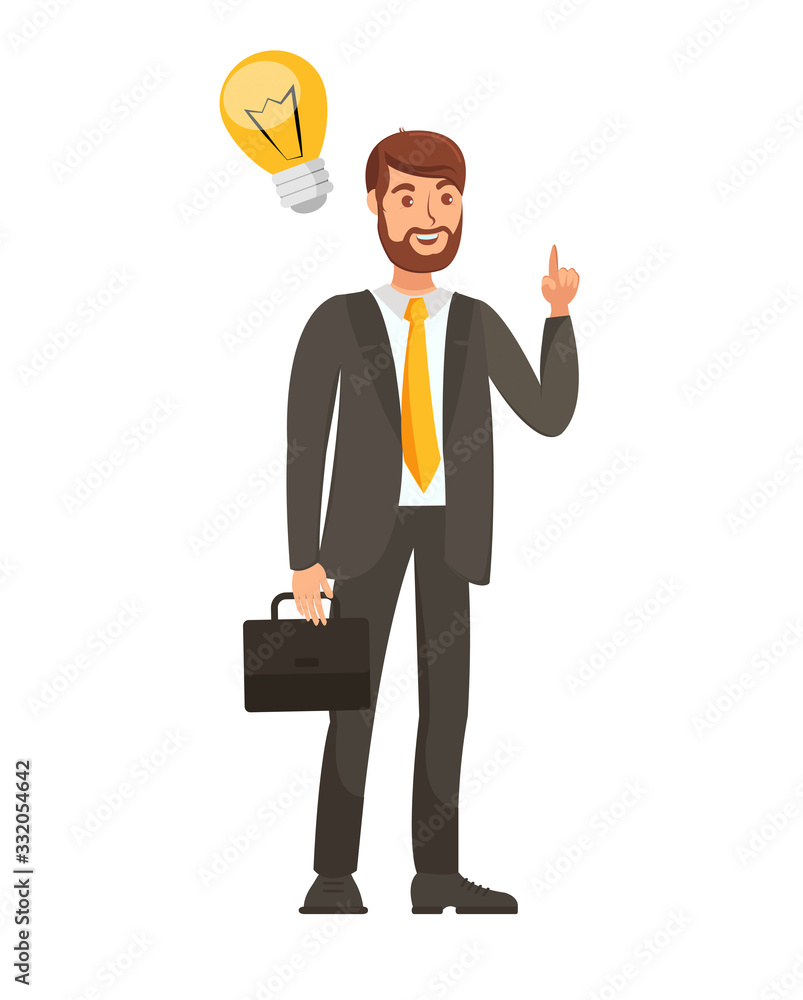 Businessman with Startup Idea Vector Illustration. Cheerful Man in Suit with Tie Holding Suitcase Cartoon Character. Entrepreneur, Corporate Worker with Business Plan. Successful Brainstorm Businessman with Startup Idea Vector Illustration. Cheerful Man in Suit with Tie Holding Suitcase Cartoon Character. Entrepreneur, Corporate Worker with Business Plan. Successful Brainstorm