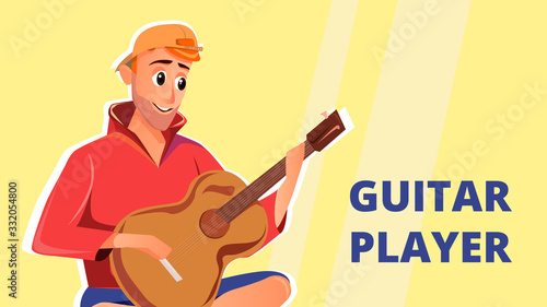 Cartoon Man Play Acoustic Guitar Melody Vector Illustration. Male Guitar Player Music Performer. Musician Singer Song. Guitar Course Teacher Training. Concert Performance Party Show